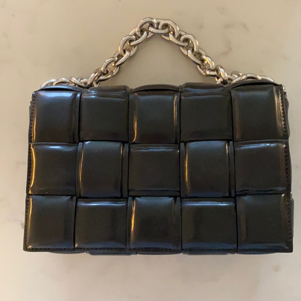 Black leather with silver heavy chain cassette handbag